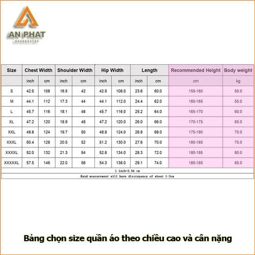Bảng chọn size quần áo phòng sạch