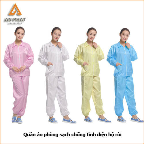 Quần áo phòng sạch bộ rời có các màu xanh, hồng, trắng, vàng